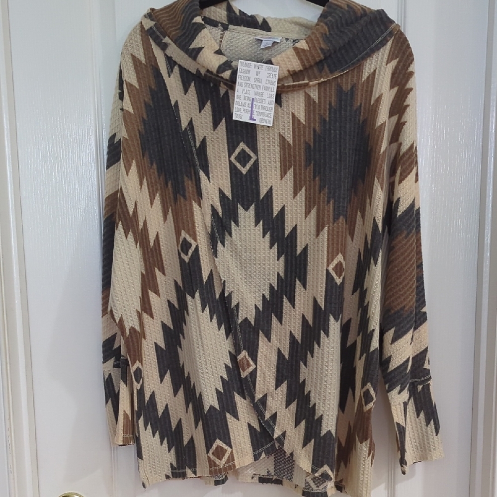 NWT LuLaRoe KRISTEN Brown and Cream Geometric Aztec Cowl Neck Sweater L